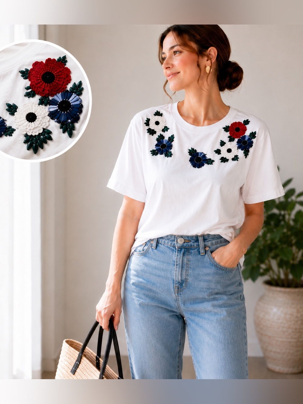 NEW ESCADA White Floral Embellished T-Shirt Top M NWT Beaded Sequins MSRP $495